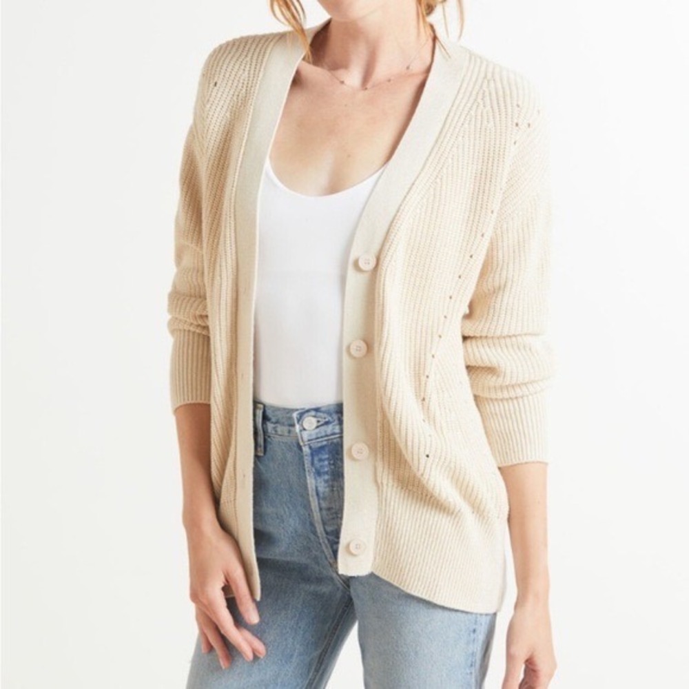Evereve Reagan Womens Cream Pointelle Knit‎ Button Front V-Neck Cardigan Size XS